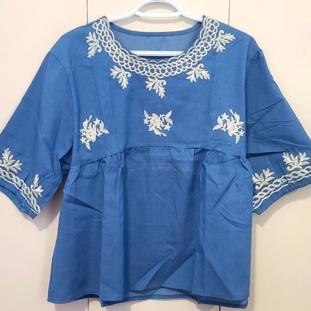 Cute soft jean blouse flair bottom with flower embroidery, one size fits S-L